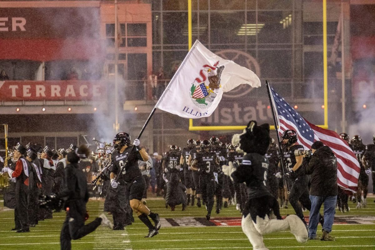 NIU senior defensive tackle Devonte O’Malley (8) and redshirt senior tight end Tristen Tewes (82) wield flags as they lead the Huskies onto the field before kickoff of NIU’s 29-16 win against the University of Akron on Nov. 13 at Huskie Stadium. O’Malley and Tewes will be among the 30 seniors honored before Saturday’s home finale against Central Michigan University. (Tim Dodge | Northern Star)