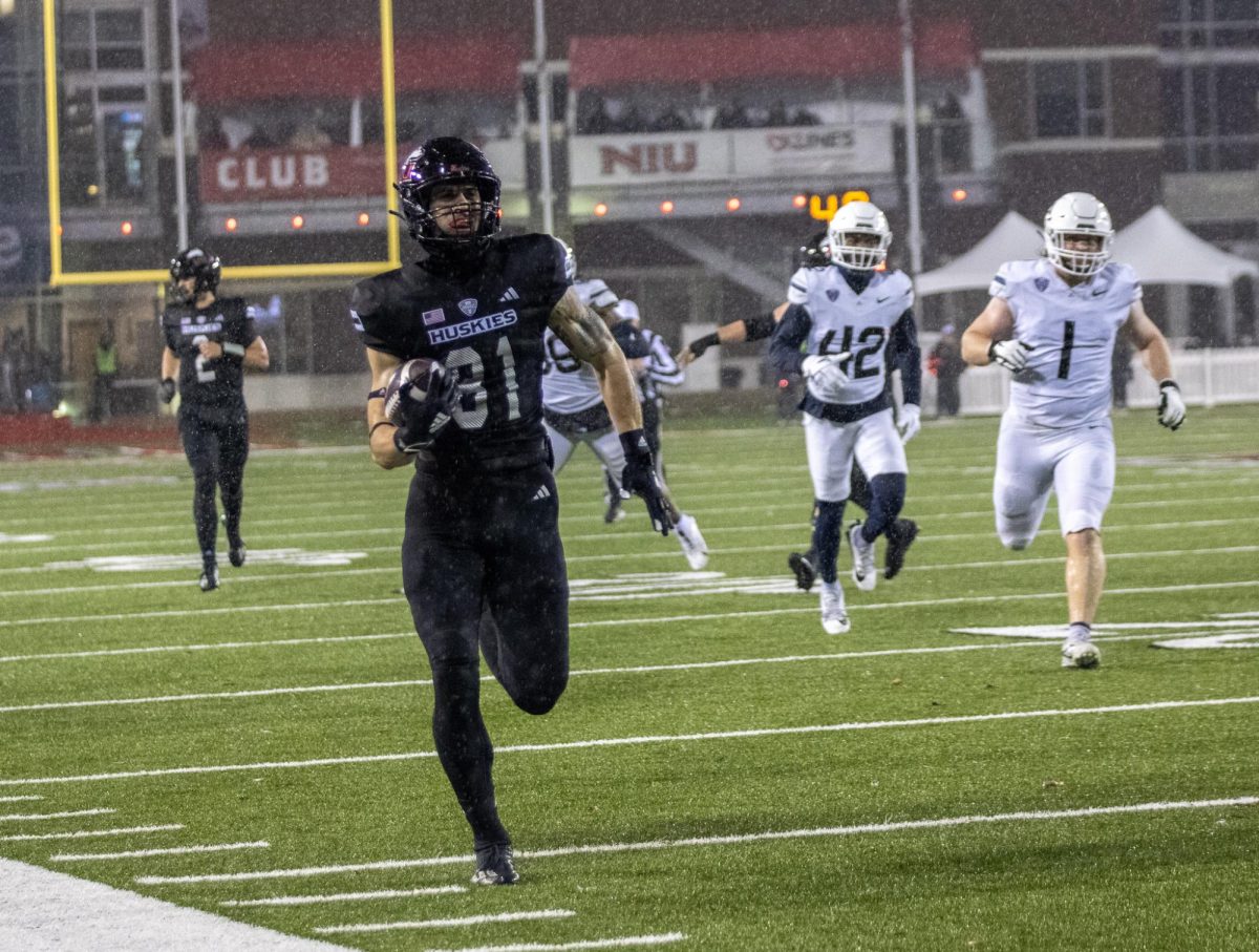 NIU senior tight end Grayson Barnes (81) runs down the sideline to the endzone for a 32-yard touchdown in the second quarter of the Huskies' game against the University of Akron Wednesday. In NIU's Tuesday night game against the Miami University RedHawks, the Huskies go into halftime trailing the RedHawks 17-3. (Northern Star File Photo)