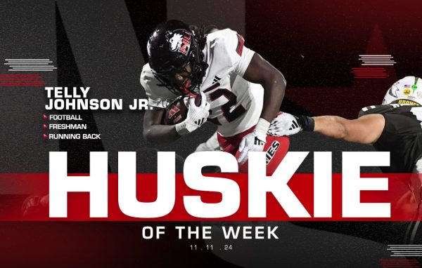 A graphic shows NIU football freshman running back Telly Johnson Jr. pictured as this week’s Huskie of the Week. Johnson logged 141 rushing yards and 2 rushing touchdowns in the Huskies' 42-28 victory Wednesday over Western Michigan University. (Edison Miller | Northern Star)