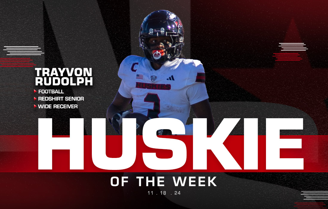 A graphic shows NIU football redshirt senior wide receiver Trayvon Rudolph pictured as this week’s Huskie of the Week. Rudolph logged a passing and rushing touchdown Wednesday in NIU's 29-16 win over the University of Akron. (Edison Miller | Northern Star)