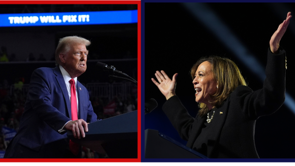 Presidential nominees former president Donald Trump and Vice President Kamala Harris speak at separate campaign events Nov. 4 in Pittsburgh and Philadelphia. The Northern Star Editorial Board encourages Donald Trump and his supporters to accept their victory with grace and respect. (Evan Vucci, Jacquelyn Martin/ AP Photo | Northern Star Graphic)