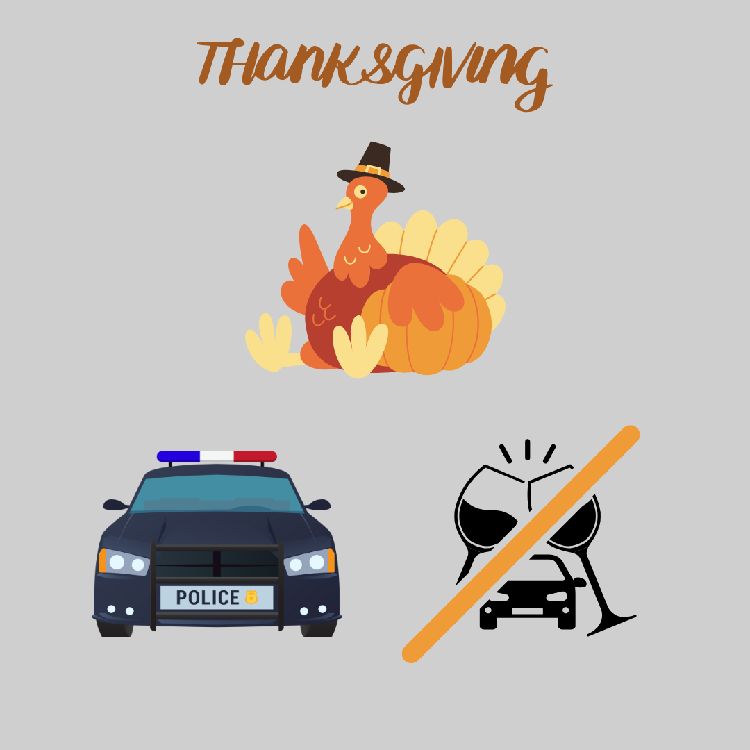 A graphic depicts a turkey with the word "Thanksgiving" above it, a police car and wine glasses with a car representing drunk driving. The "Click it or Ticket" and "Drive Sober or Get Pulled Over" campaigns will begin Nov. 22 and end Dec. 2. (Tim Dodge | Northern Star)