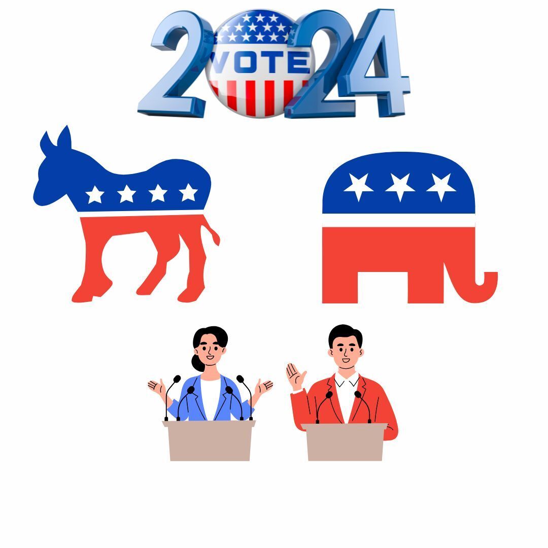 A graphic depicts the year 2024 along with the word "Vote" in addition to the donkey representing the Democratic Party and the elephant representing the Republican Party. DeKalb County nominees Riley N. Oncken, Anna Wilhelmi, Linda Besler and Lori Grubbs spoke to the Northern Star about why they are running for office. (Tim Dodge | Northern Star)