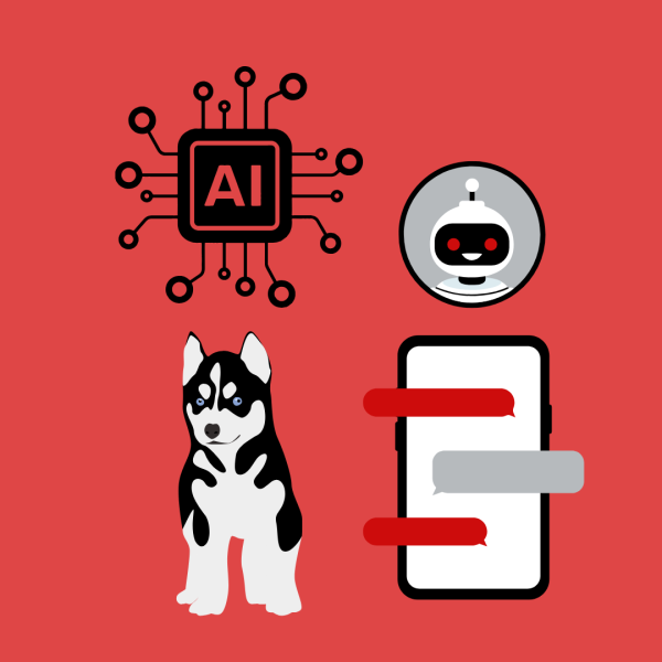 A graphic depicts a robot, a Huskie, a phone with text messages and the word "AI." On Nov. 6, NIU launched its new resource called Mission AI chatbot, which provides answers and resources to students questions. (Tim Dodge | Northern Star)