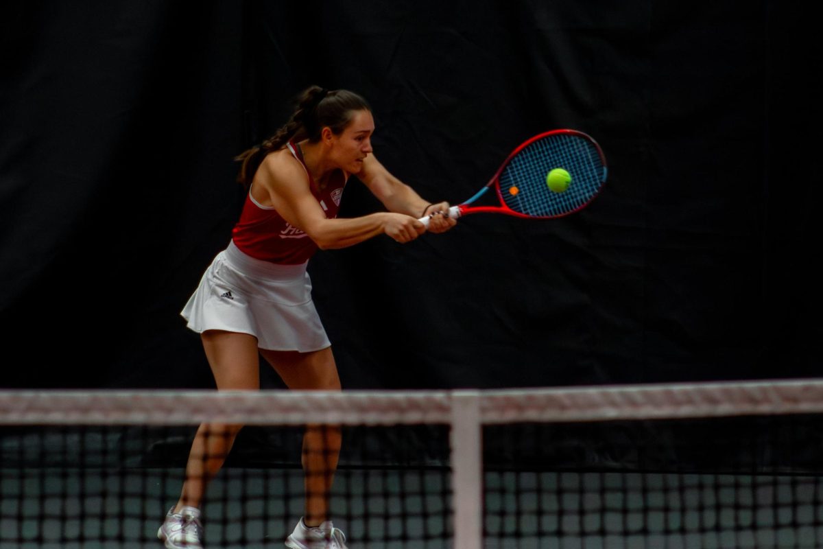 Junior Nataly Ninova returns the ball during her doubles match against Marquette University on the second day of the Huskie Invitational. Ninova was undefeated during her singles matches Friday and Saturday as well as with her doubles partner senior Erika Dimitriev. (Totus Tuus Keely | Northern Star)