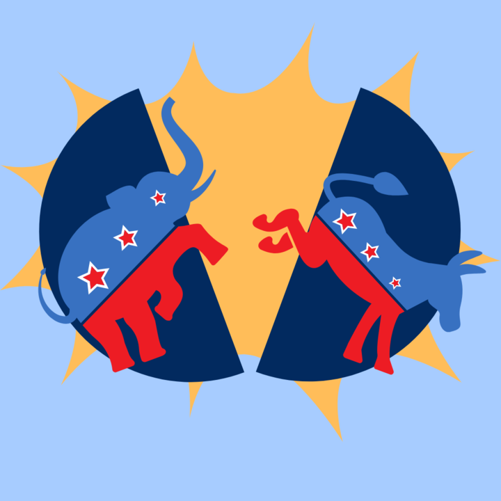 A graphic depicts a circle broken into two halves – one containing the Republican elephant, the other containing the Democratic donkey – as it explodes from within. Opinion columnist Santiago Montañez Bertoletti believes that America's two-party system should be broken up in favor of a flexible multi-party one. (Jackson Shields | Northern Star)