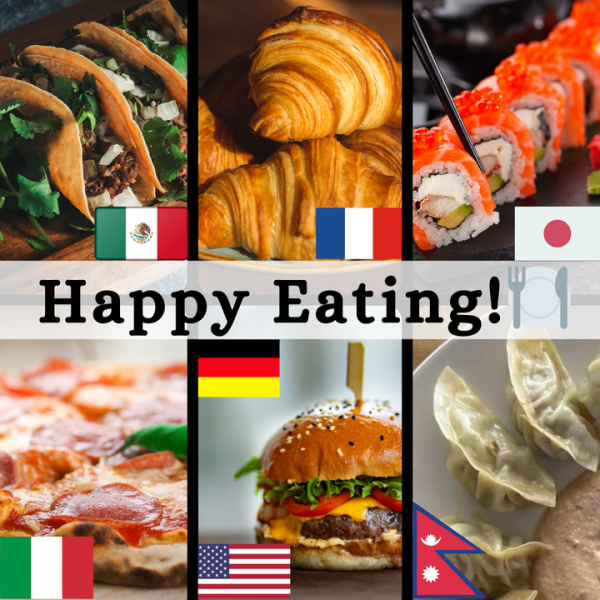 Six panels show pictures of different classic international foods and the flags of the countries they originate from, including: tacos, croissants, sushi, pizza, burgers and momo. What's your favorite classic international dish? (Northern Star Graphic)