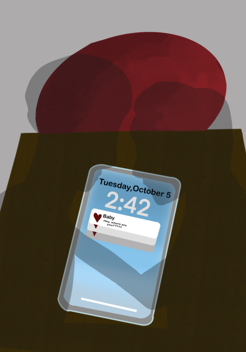 Two shadows lean in toward each other over a phone with a notification from “Baby” that reads “Hey, where are you?????” Opinion Columnist Lalita Rai believes infidelity is never justified and that the status of every romantic relationship must be continuously communicated between partners. (Daniela Barajas | Northern Star)