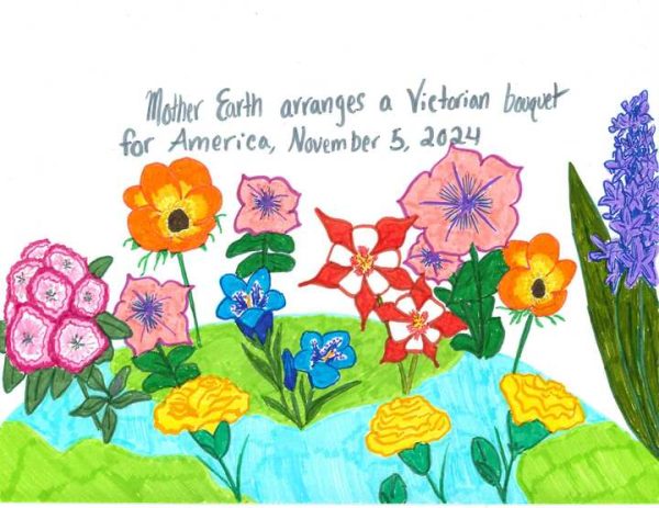 Magenta rhododendrons, pink petunias, orange anemone flowers, red columbine, blue gentians, hyacinth and yellow carnations sprout from a cartoon Earth under the words: “Mother Earth arranges a Victorian bouquet for America, November 5, 2024.” During the Victorian era, flowers were used to express hidden meaning; the flowers in Mother Earth’s bouquet symbolize America’s failure to protect her by allowing another Trump administration to occur. Rhododendrons express a warning, petunias symbolize hatred and resentment, orange anemone flowers symbolize withered hopes and desertion, blue gentians express the message ‘you are unjust,’ red columbine symbolizes anxiety, hyacinths symbolize sorrow and yellow carnations symbolize disappointment and foolishness.  (Lucy Atkinson | Northern Star)