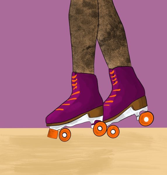 Two legs with pink roller-skates glide over a wooden surface. The semester is skating by, NIU, keep moving toward the finish line! (Daniela Barajas | Northern Star)