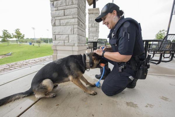 Lori York, a K9 Police Officer at the NIU Police department, pets Izzy who is her K9 dog. York spoke to the Northern Star about her role as an NIU Police Officer and K9 handler. (Courtesy of Darren Mitchell)