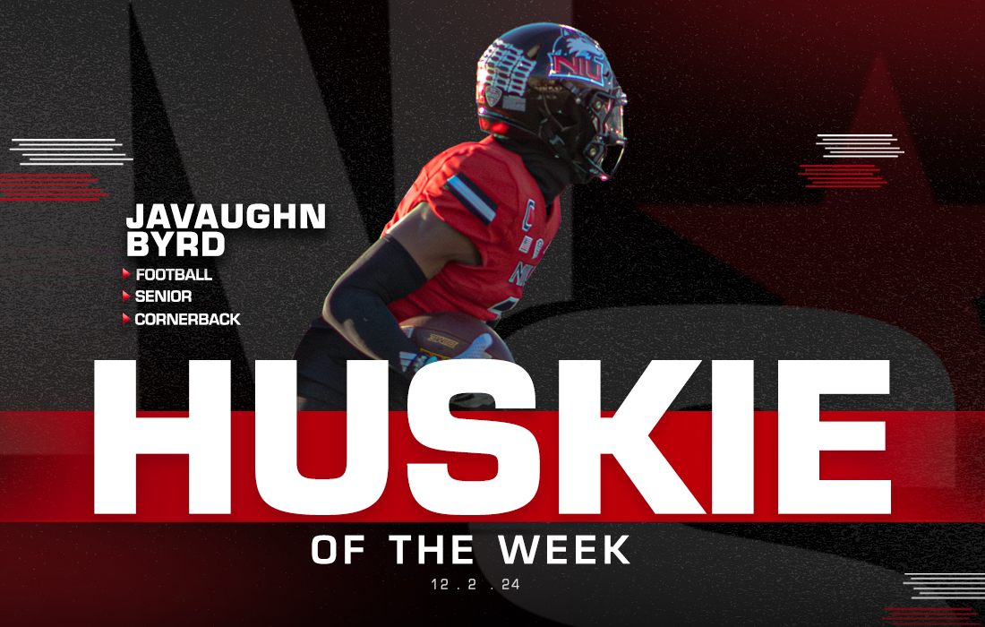 A graphic shows NIU football senior cornerback Javaughn Byrd pictured as this week’s Huskie of the Week. Byrd allowed 5 catches for 37 yards in NIU's 24-16 victory Saturday against Central Michigan University. (Edison Miller | Northern Star)