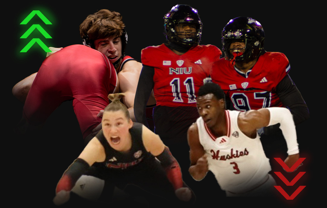 A graphic shows NIU student-athletes from various sports with arrows indicating highs and lows. Sports Editor Lucas Didier shared the best and worst moments for Huskie sports in November. (Edison Miller | Northern Star)