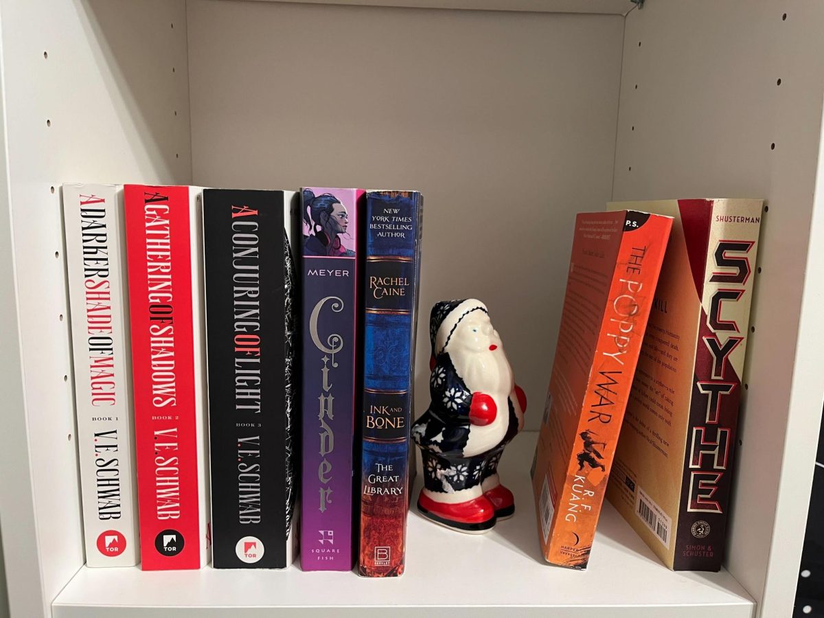 A santa figurine sits in the middle of seven books. The month-long winter break is the perfect time to find new book series to read. (Sarah Rose | Northern Star)