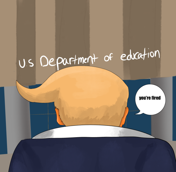 From the back of President-elect Donald Trump's head comes a speech bubble that reads "you're fired" as he faces the United States Department of Education. The Northern Star Editorial Board broke down several of Trump's expressed education goals during his administration - all of which are very concerning. (Daniela Barajas | Northern Star)