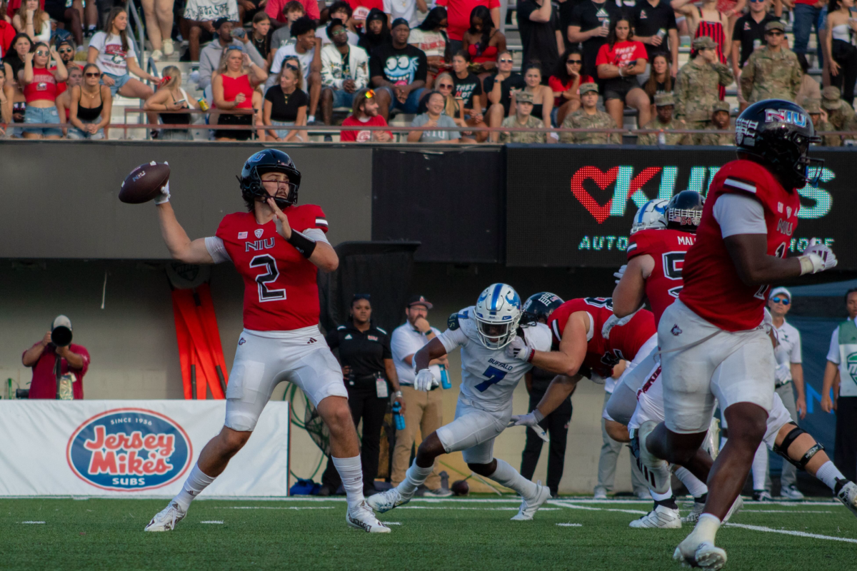 NIU redshirt junior quarterback Ethan Hampton (2) attempts a pass during an overtime loss to the University at Buffalo on Sept. 21 at Huskie Stadium in DeKalb. Hampton announced Sunday that he intends to enter the transfer portal when it opens Dec. 9. (Totus Tuus Keely | Northern Star)