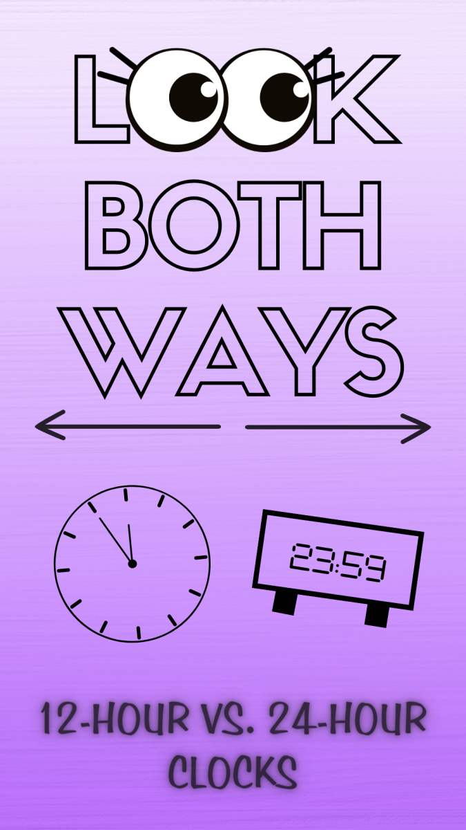 An analog clock in 12-hour time and a digital clock in military time sit beneath the words “Look Both Ways” and the topic of the week. Is telling time in two 12-hour periods or one 24-hour period more inconvenient? (Lucy Atkinson | Northern Star)