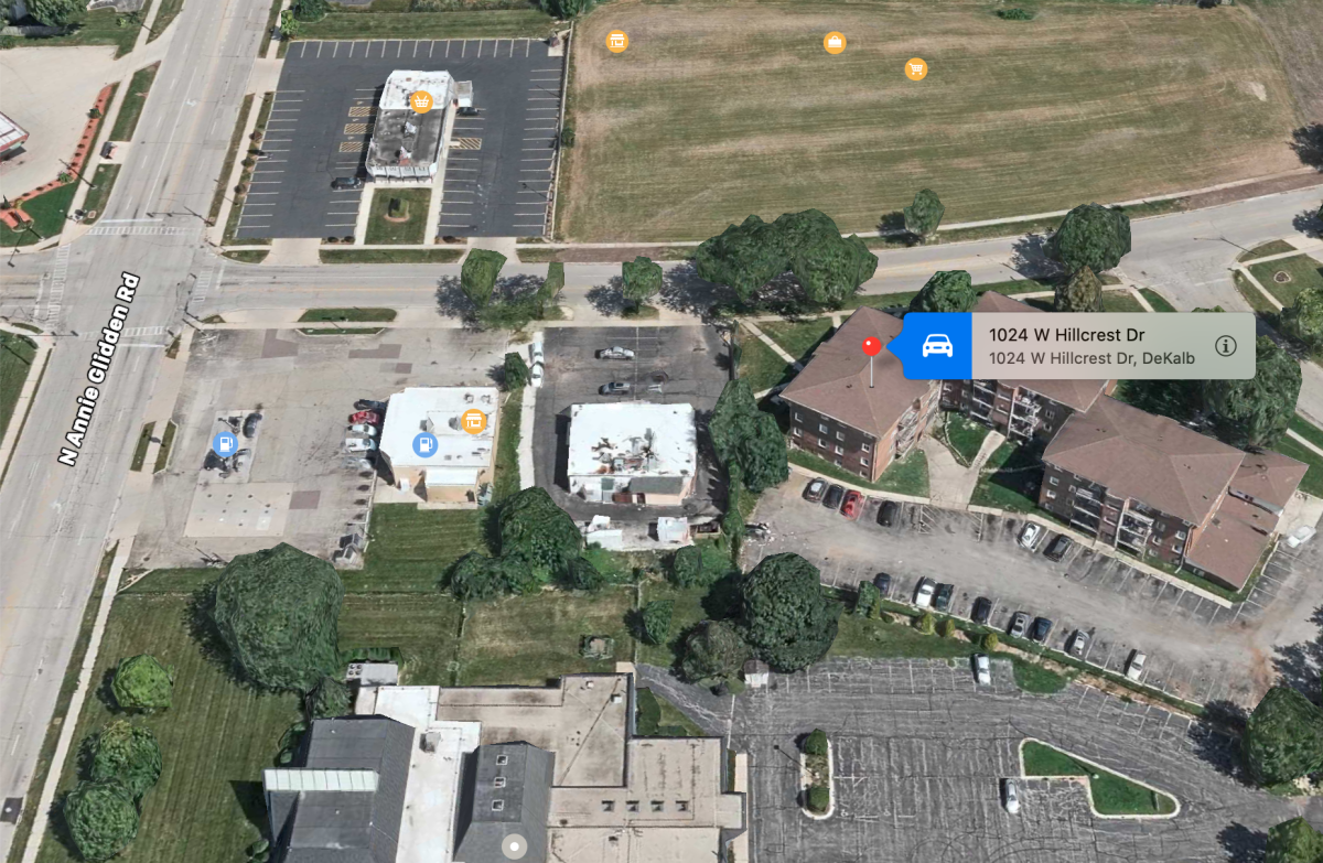 A map shows 1024 and 934 W. Hillcrest Drive. A fire broke out at these apartments Sunday night. (Apple Maps under Fair Use) 