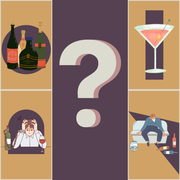 A graphic shows several panels, each containing an image of alcohol, surrounding a question mark. Assistant Opinion Editor Jackson Shields believes that the normalization of alcohol in American society is a dangerous trend, reflecting on the effect its had on his own life. (Jackson Shields | Northern Star)