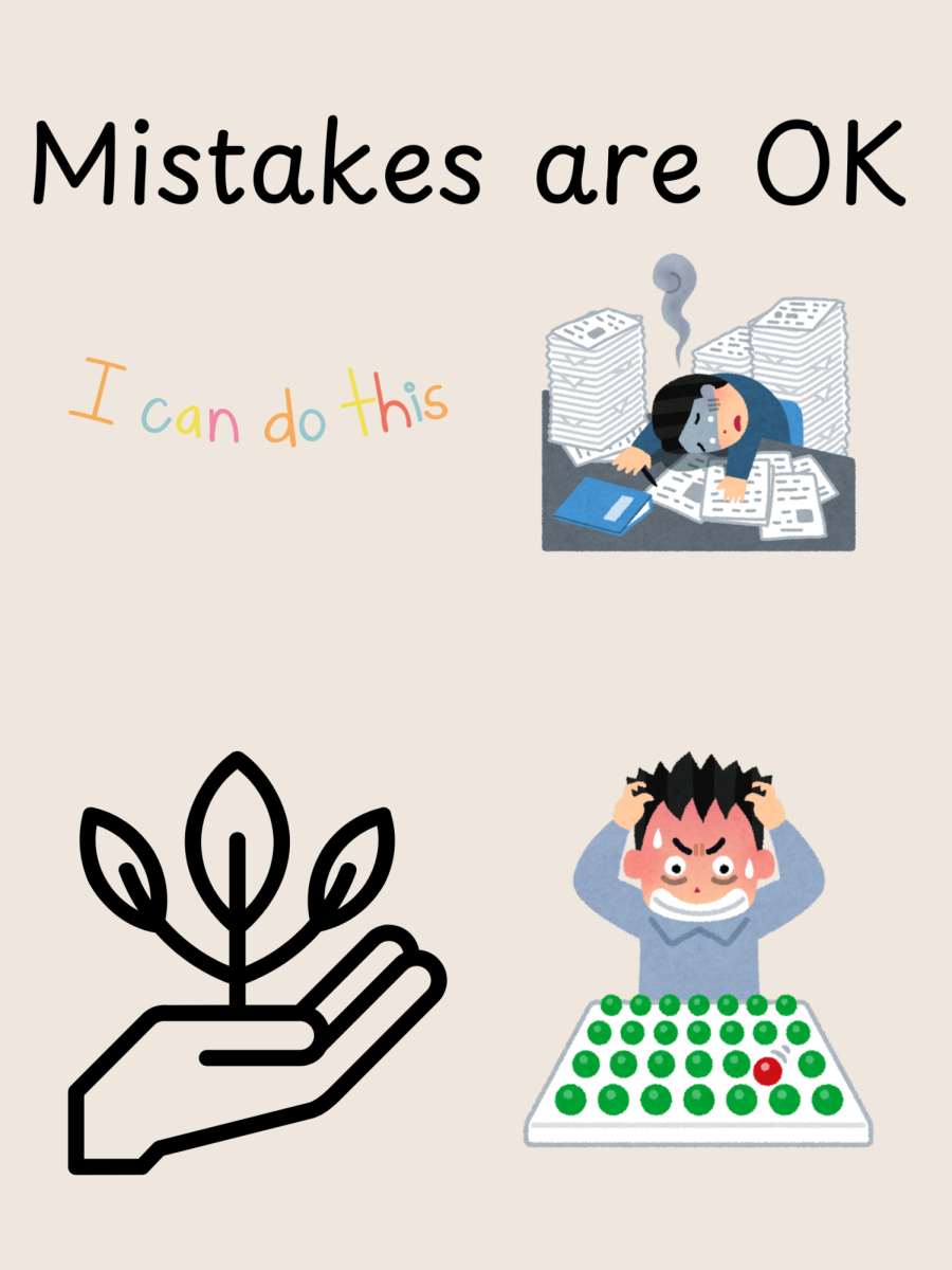 A graphic depicts a person experiencing burnout, a seedling representing growth, a person angry representing the feeling of perfectionism and motivational phrases such as "Mistakes are OK" and "I can do this." Opinion Editor Emily Beebe struggles with perfectionism and wants to work on learning that making mistakes is OK. (Emily Beebe | Northern Star)