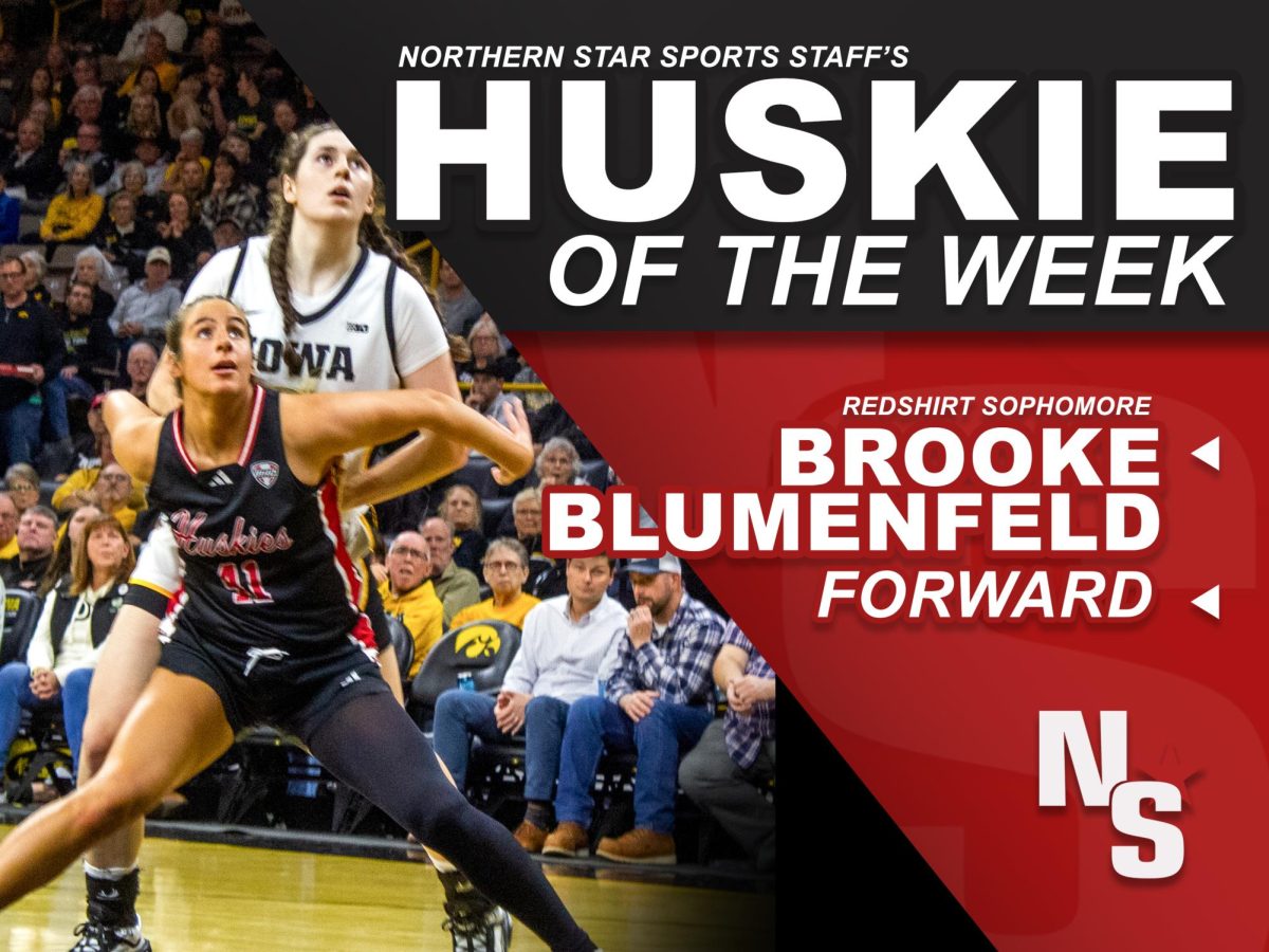 A graphic shows NIU women's basketball redshirt sophomore forward Brooke Blumenfeld pictured as this week’s Huskie of the Week. Blumenfeld led the Huskies with 16 points in Tuesday's 73-71 loss against the University of Akron. (Edison Miller | Northern Star)