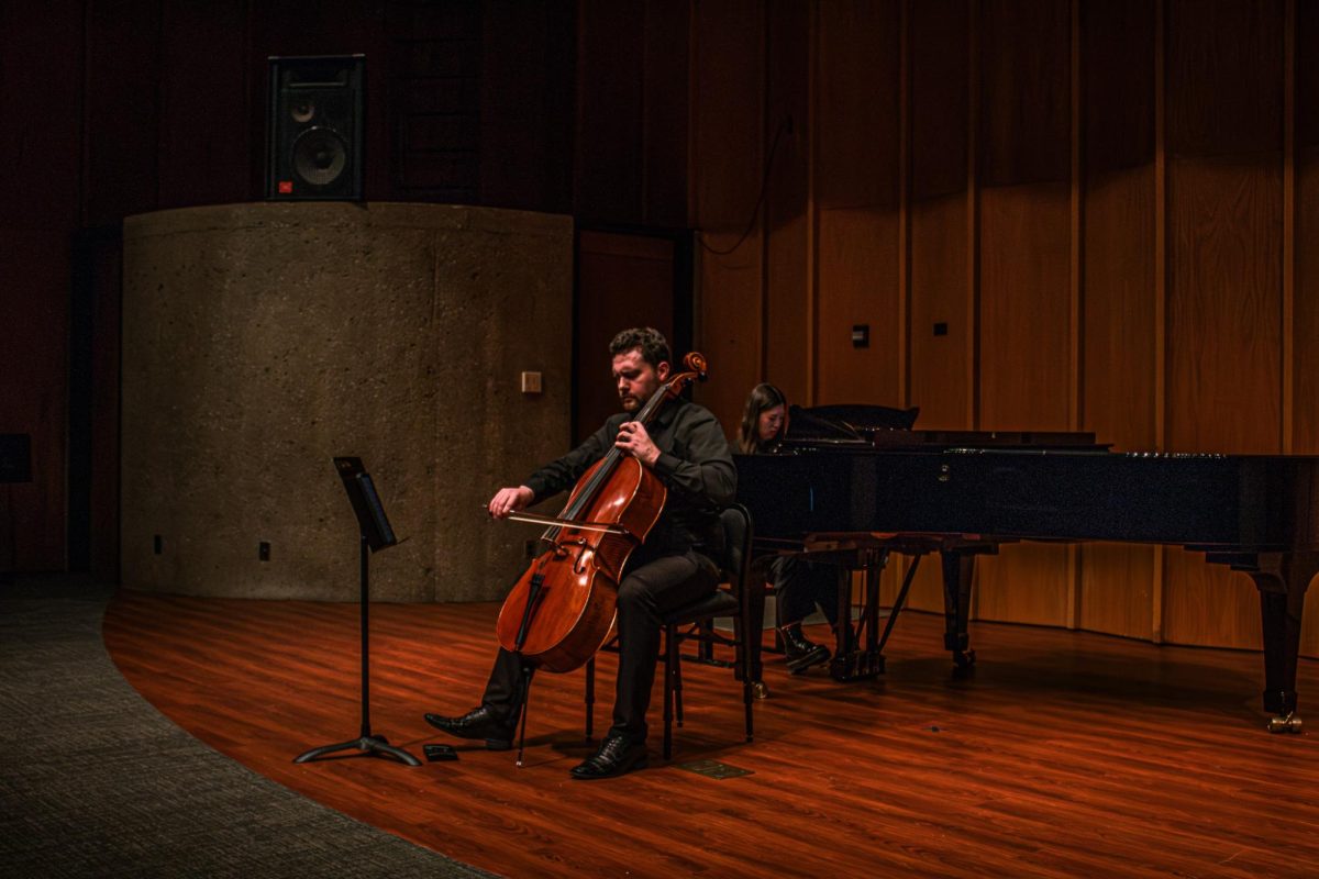 Christopher Mendez on the Cello is accompanied by Minjung Kim on the piano during his performance of “Sonata no. 1 for cello and piano, Op. 102” composed by Ludwig Van Beethoven. The second movement follows its name closely, “Adagio-Andante-Allegro vivace” increasing in speed but also dynamics until the pattern restarts near the end for a triumphant finish. (Totus Tuus Keely | Northern Star)