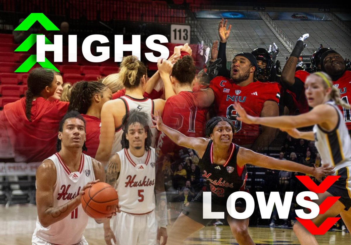 A graphic shows NIU student-athletes from various sports with arrows indicating highs and lows. Sports Editor Edison Miller shared the best and worst moments for Huskie sports over winter break. (Edison Miller | Northern Star)