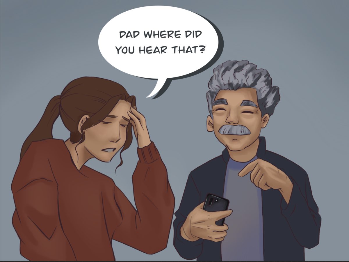 A cartoon depicts a father and daughter having a conversation, with the father holding a phone and the daughter asking "dad where did you hear that." The Northern Star Editorial Board believes Meta ending their third party fact-checking policy is disappointing and will lead to more misinformation being spread around. (Amanda Giron | Northern Star)