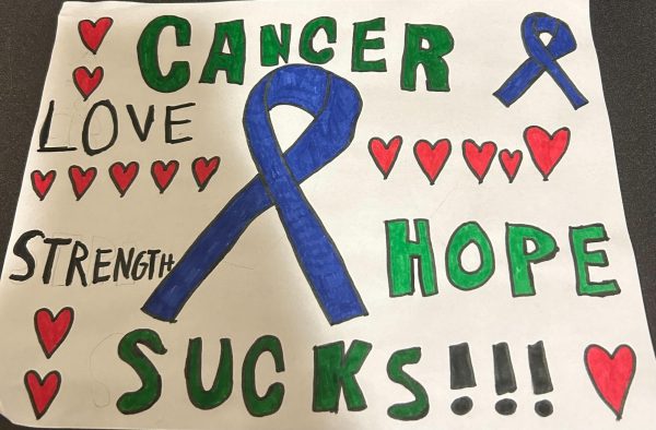 A cartoon depicts dark blue ribbons representing colon cancer, red hearts, and the words “Cancer sucks,” “Hope,” “Love” and “Strength.” Opinion Editor Emily Beebe believes you should never take life for granted because life is too short. (Emily Beebe | Northern Star)