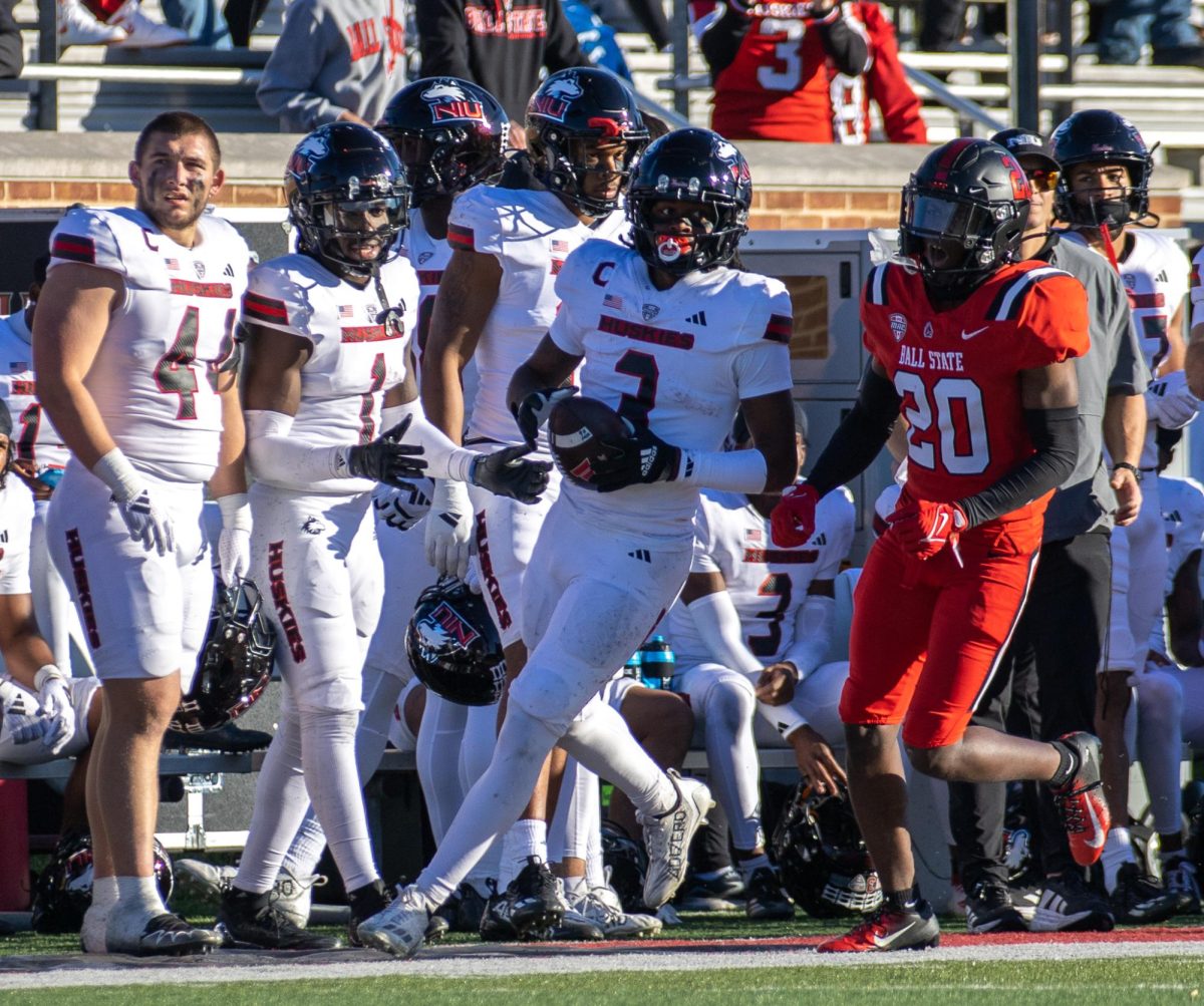 Former NIU football redshirt senior wide receiver Trayvon Rudolph (3) runs out of bounds to NIU's sideline during the Huskies' 25-23 loss against Ball State University on Oct. 26 in Muncie, Indiana. Sports reporter Micah Huff elaborates on why he believes the transfer portal is ruining college football. (Tim Dodge | Northern Star)