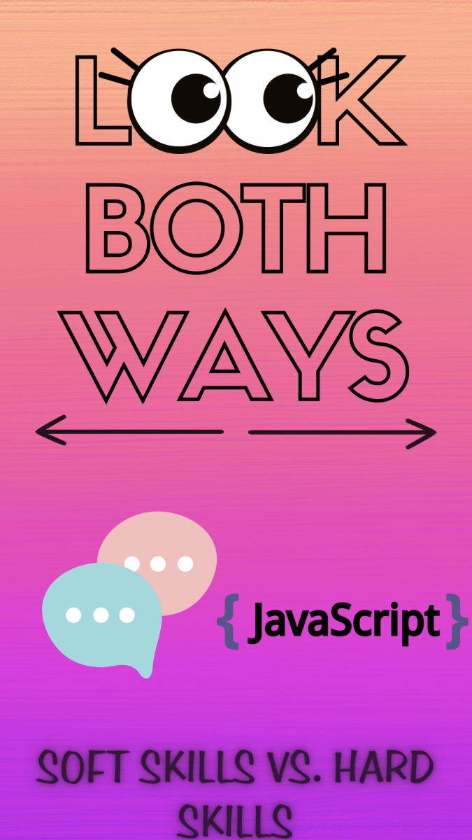 Speech bubbles and the word "JavaScript" sit beneath the words “Look Both Ways” and above the topic of the week. Are soft skills or hard skills better for the workplace? (Emily Beebe | Northern Star)