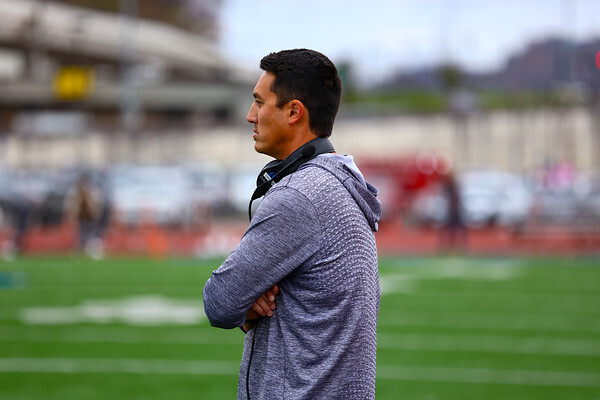 Then-University of Charleston head coach Quinn Sanders looks on from the sideline during a Mountain East Conference game between Charleston and West Virginia State University on Nov. 16 at UC Stadium at Laidley Field in Charleston, West Virginia. NIU announced the hire of Sanders as its offensive coordinator and quarterbacks coach Tuesday. (Courtesy of University of Charleston Athletics)