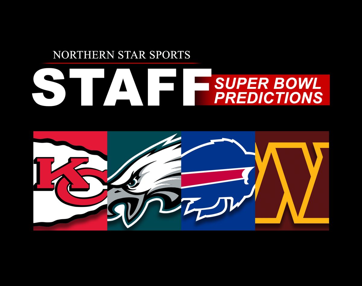 A graphic reads "Northern Star Sports Staff Super Bowl Predictions" on top of the Kansas City Chiefs, Buffalo Bills, Philadelphia Eagles and Washington Commanders logos, placed side-by-side. The Northern Star Sports staff makes their predictions of who they think will win the 2024 Super Bowl. (Edison Miller | Northern Star)