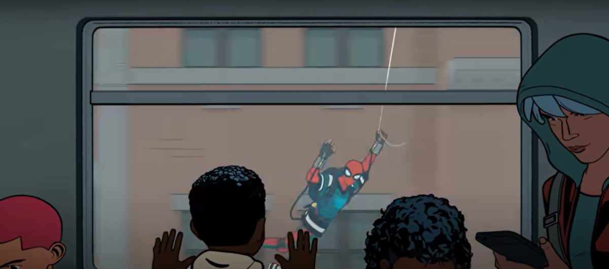 Spider-Man swings next to a moving New York train and waves at the passengers. A new Spider-Man series will be released on Jan. 29 on Disney+ and will showcase the early days of Peter Parker's career as Spider-Man. (MARVEL Entertainment under Fair Use)