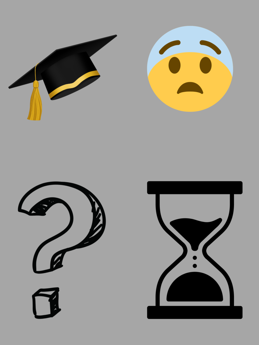 A graphic depicts a graduation cap, the nervous emoji, a question mark and an hourglass. Opinion Editor Emily Beebe graduates college in a few semesters and is nervous about life post-graduation. (Emily Beebe | Northern Star)