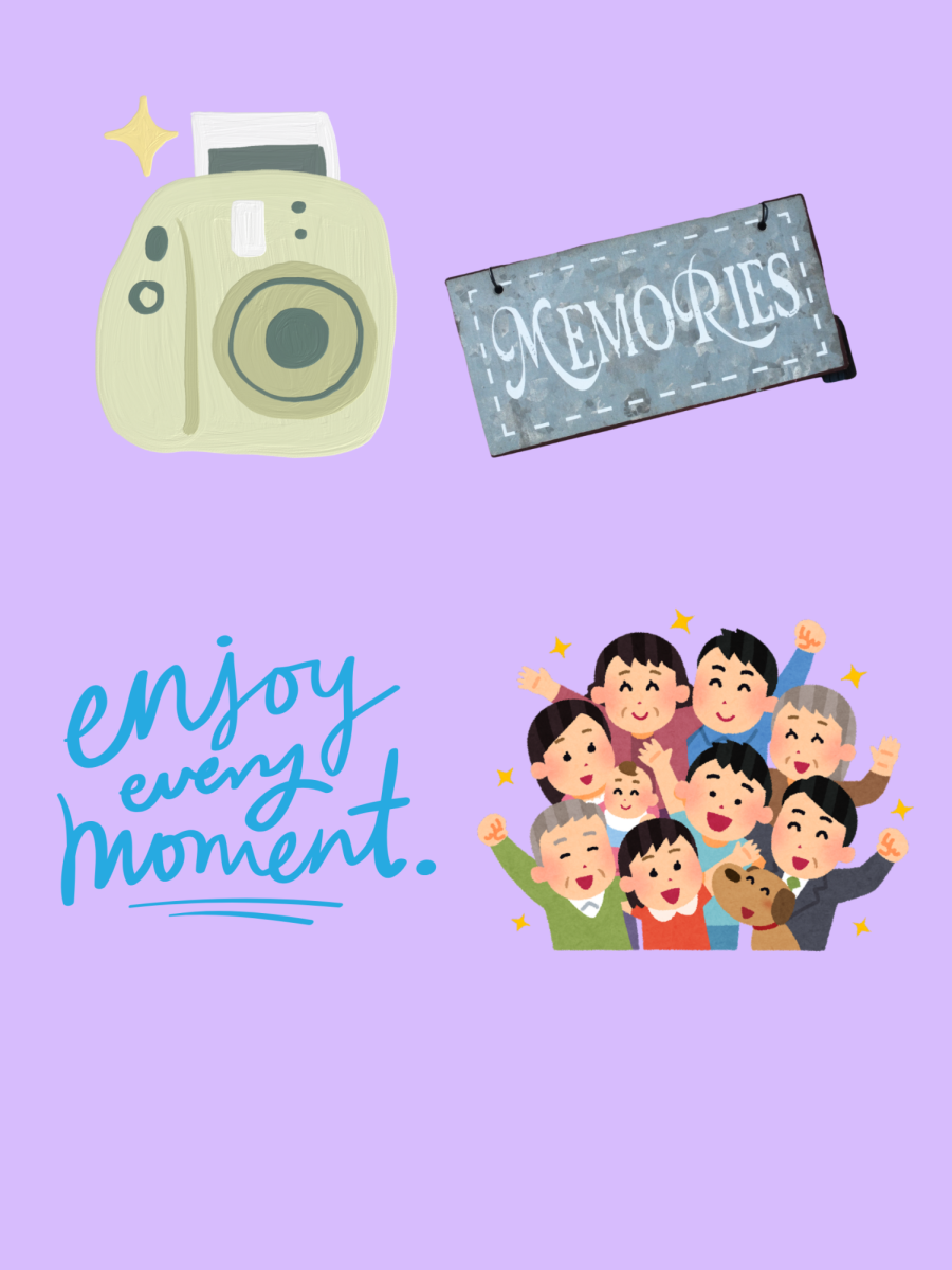 A graphic depicts a camera, people representing a family gathering and the words "Memories" and "Enjoy every moment." Opinion Columnist Colton Peterson enjoys living in the moment versus taking photos at family gatherings. (Emily Beebe | Northern Star)