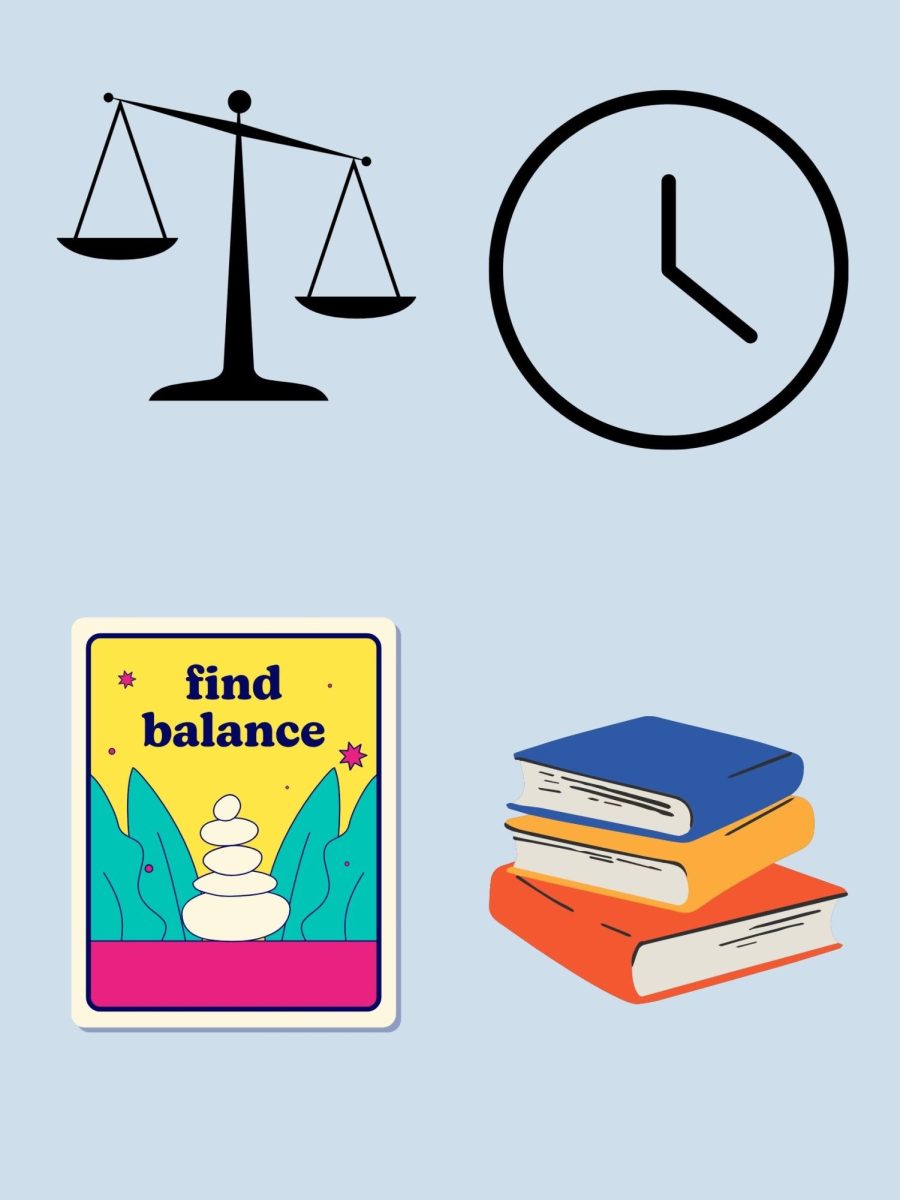 A graphic depicts a scale, a clock, the words "find balance" and books. Opinion Columnist Ethan Ernst appreciates the little things, especially when it comes to finding balance between being a busy college student and doing things he enjoys. (Emily Beebe | Northern Star)