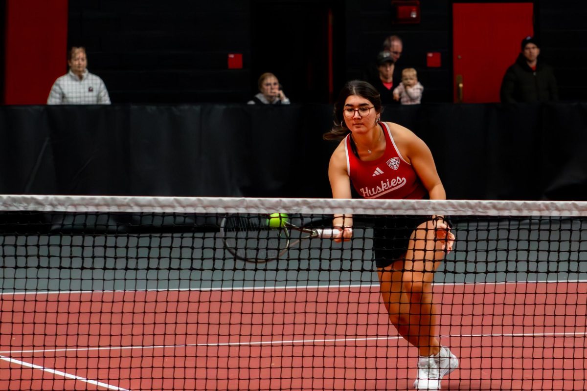 NIU women's tennis freshman Irmak Budak returns the shot close to the net during the doubles match against Lewis University on Nov 2. NIU women's tennis suffered a 4-3 loss against the University of Missouri Sunday. (Totus Tuus Keely | Northern Star)