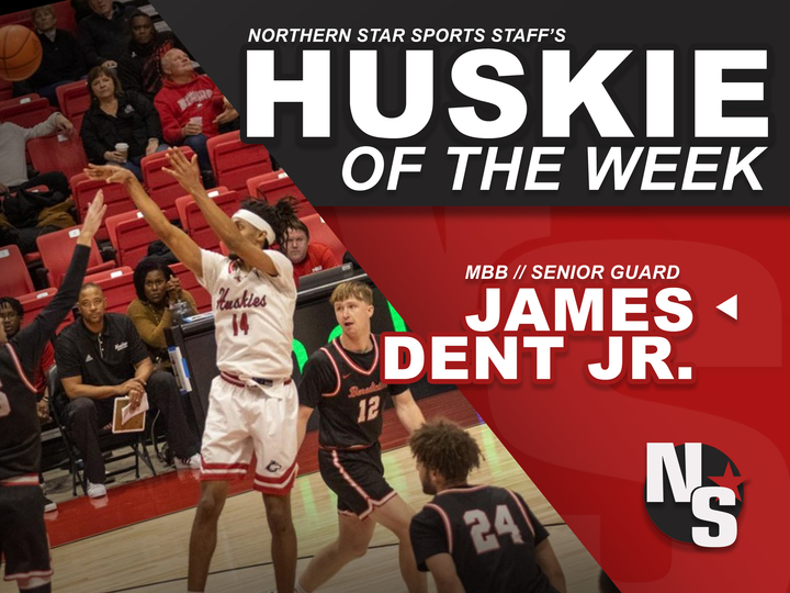 A graphic shows NIU men's basketball senior guard James Dent Jr. (14) as Huskie of the Week. Dent had 18 points in each of NIU's two games this week, helping the Huskies break a seven-game losing streak Saturday against Ball State University. (Edison Miller | Northern Star)