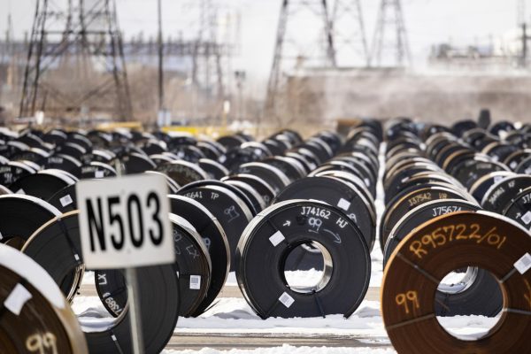 Steel coils at the ArcelorMittal Dofasco steel production facility in Hamilton, Ontario, Monday, Feb. 10, 2025. Ray Stout, executive director for the Illinois Craft Brewers Guild said aluminum and steel tariffs will negatively impact Illinois craft breweries. (Nick Iwanyshyn/The Canadian Press via AP)