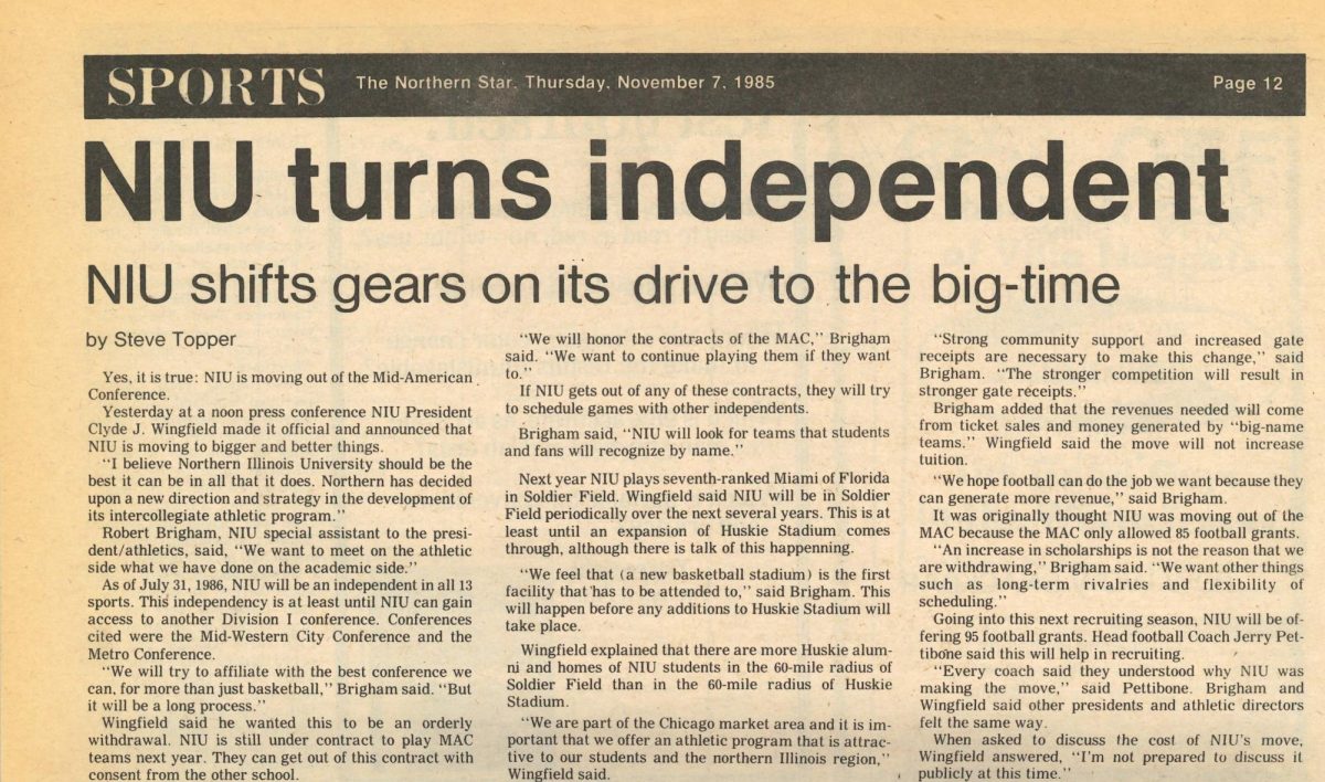 The Nov. 7, 1985, print issue of the Northern Star announces NIU's planned departure from the Mid-American Conference to compete as an independent in 13 sports after the 1985-1986 academic year. NIU's decision to leave the MAC, only to rejoin in 1997, is regarded as one of the worst decisions in NIU Athletics history. (Northern Star archive)
