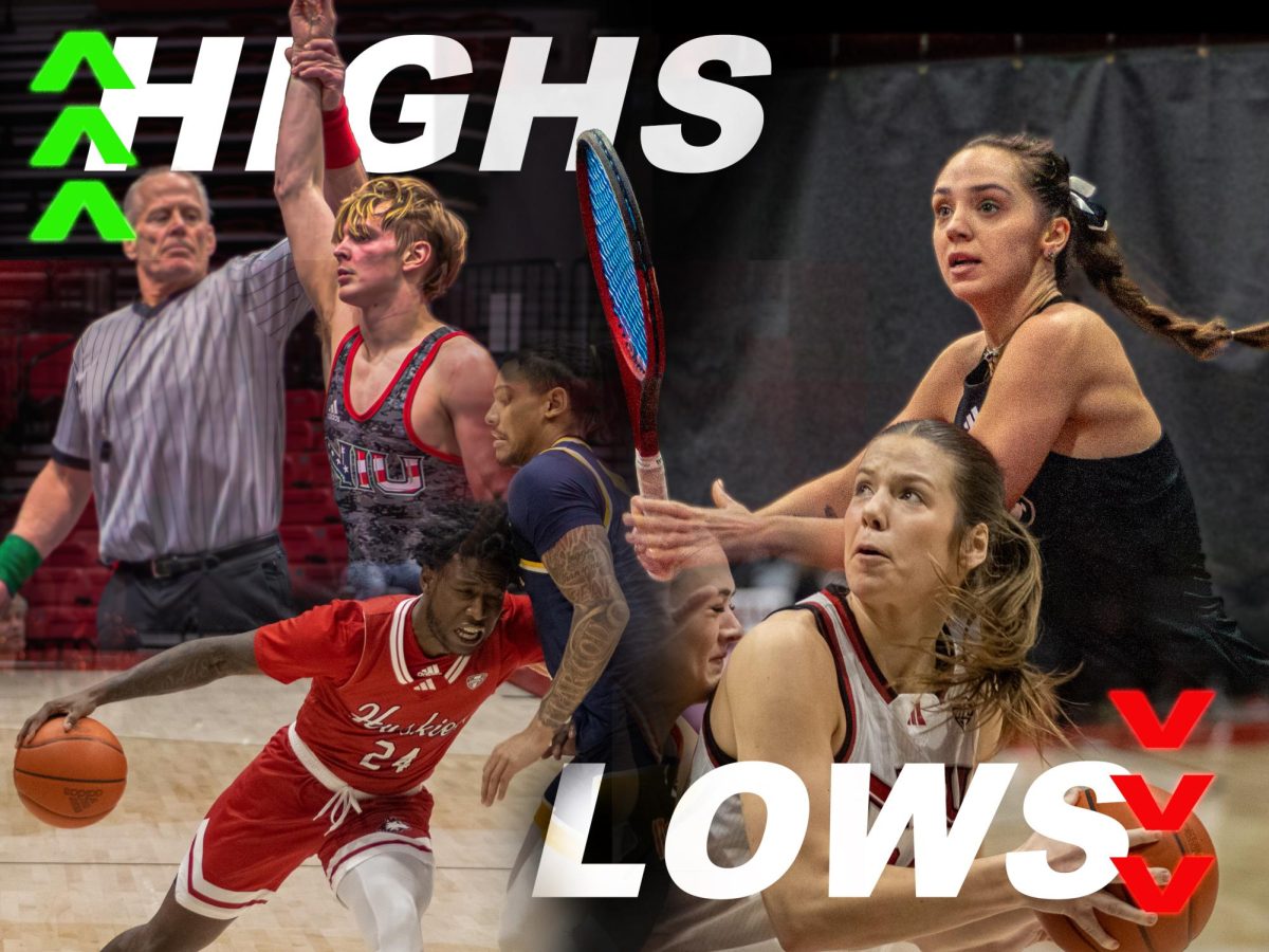 A graphic shows NIU student-athletes from various sports with arrows indicating highs and lows. Sports Editor Edison Miller points out the best and worst moments for NIU Athletics throughout February. (Edison Miller | Northern Star)