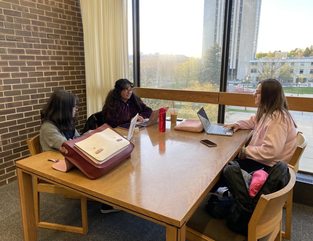 lexa Flores (from left), a junior communications major, Alondra Duenas, a senior communications major, and Ashley McNamara, a senior health sciences major, sit in the Founders Memorial Library on April 24, 2024. Illinois has invested $10 million into free test prep for students. (Brynn Krug | Northern Star)