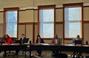 The Board of Trustees sits at their meeting on March 20. The construction of two new buildings and energy improvement investments at NIU were presented at the first Board of Trustees meeting of the semester on Thursday. (Naomi Kelly | Northern Star)