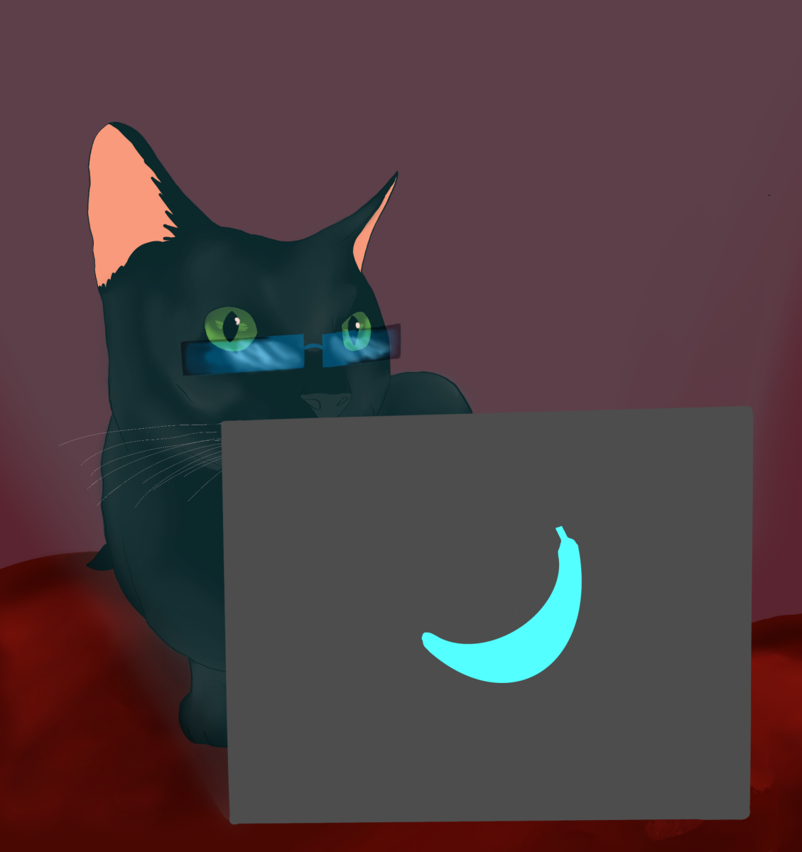 A cartoon depicts a black cat sitting in the darkness of his room. The cat is enjoying the silence of the environment while unwinding with some screen time. (Daniela Barajas | Northern Star)