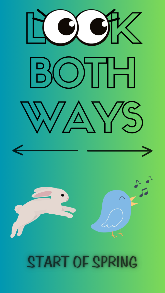 A bunny and a chirping bird sit beneath the words “Look Both Ways” and above the topic of the week. Is the start of spring more recognized through the meteorological or astronomical calendar? (Emily Beebe | Northern Star)