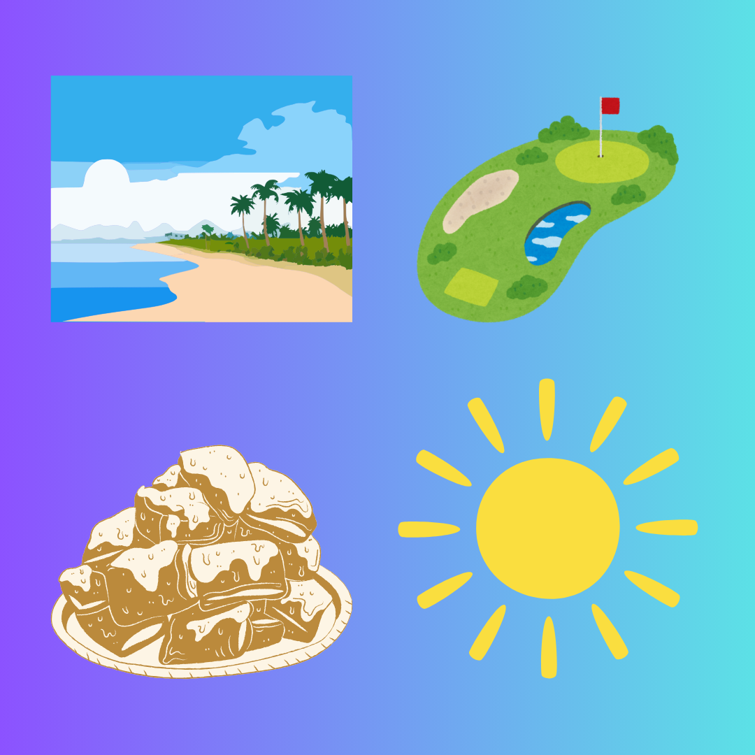 A graphic depicts a beach, a golf course, beignets and the sun. What is the best vacation spot to visit during spring break? (Emily Beebe | Northern Star)