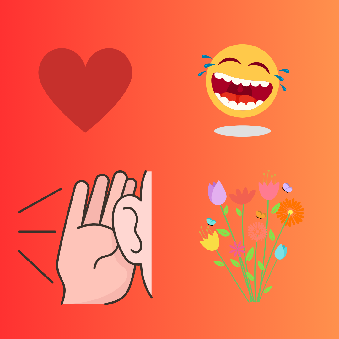 A graphic depicts a heart, a laughing emoji, flowers and a hand held up to an ear to represent listening. Opinion Columnist Lucy Atkinson believes people should enjoy all of the disorder and noise that comes with having too much to love. (Emily Beebe | Northern Star)