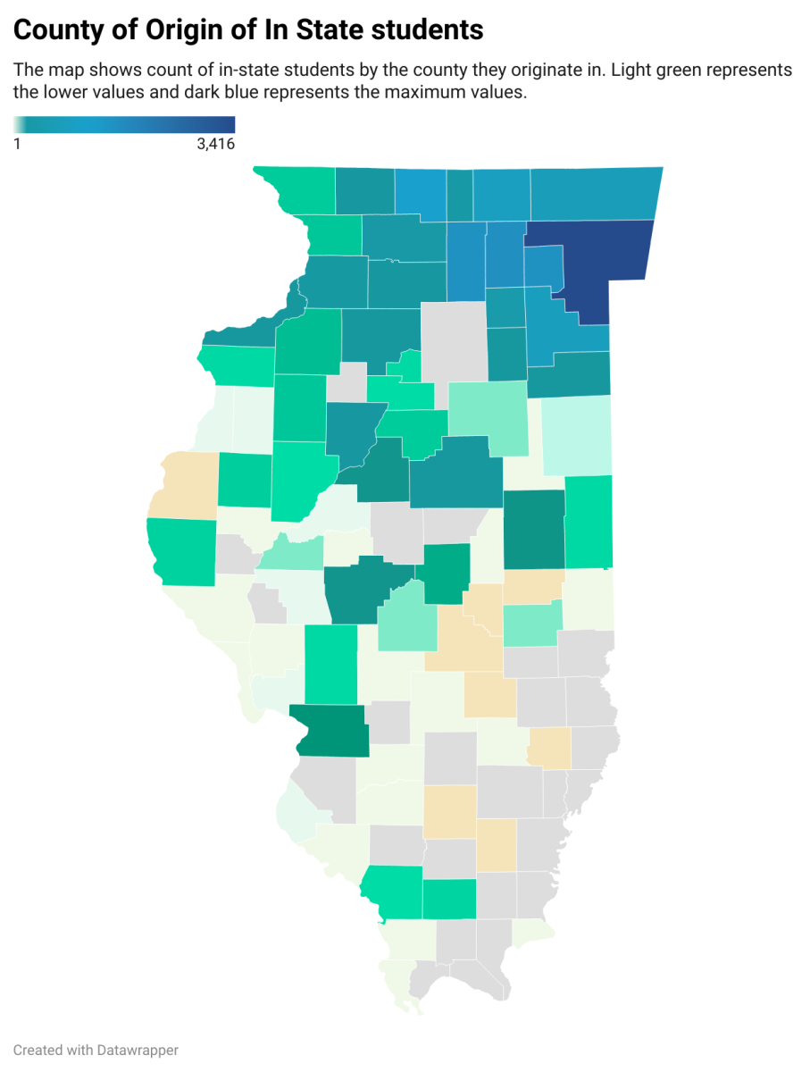 A map shows the state of Illinois separated by county borders. In Fall 2024, 3,416 of NIU’s in-state students were from Cook County. (Devin Oommen | Northern Star)