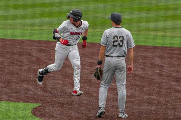 NIU baseball junior catcher Logan Gregorio (35) jogs back to first base during the fifth inning during the Huskies’ game against the University of Akron on April 18. Gregorio was the only Huskie with multiple hits in NIU’s 14-6 loss against Illinois State University on Wednesday. (Totus Tuus Keely | Northern Star)